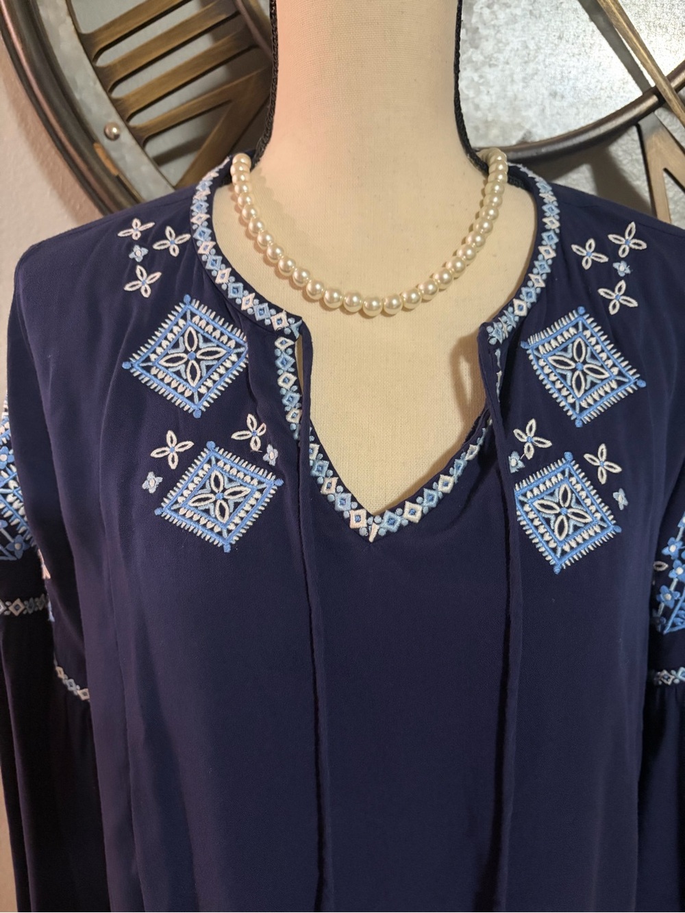 Southern Tide Embroidered Navy Peasant Blouse with Tassel Ties - Picture 2 of 9